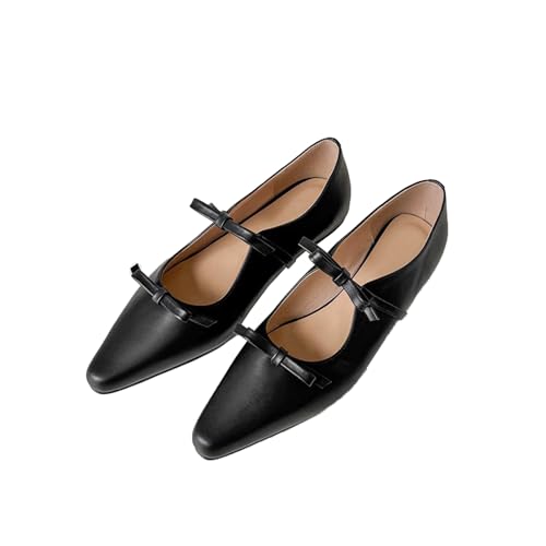 Women's Soft Leather Flat Mary Janes with Cute Bow Ankle Strap Sexy Pointed Toe Slip-On Ballet Flats Fashion Comfortable Lightweight Casual Dress Shoes