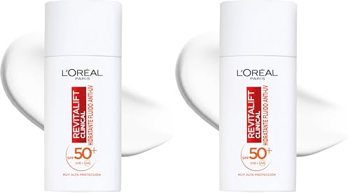 L'Oreal Paris Revitalift Clinical Fluido Hidratante Anti-UV SPF50+ Diario con Vitamina C. Protege tu Piel de los rayos solares. Previene Líneas de Expresión y Manchas oscuras. Acabado invisible, 50ml.