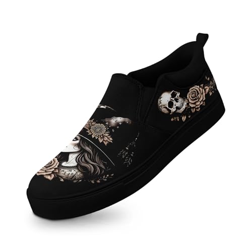 Women's Slip-on Canvas Shoes – Floral Skull Casual Loafers Trendy Comfortable Walking Skate Sneakers for Men
