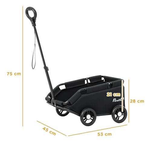 PawHut Hundewagen, klappbarer Hundebuggy für Zwergenhunde bis zu 4 kg, zusammenklappbarer Katzenbuggy mit Griffstange, waschbarem Kissen, Sicherheitsleinen, Aufbewahrungstasche, 4 Räder, Schwarz
