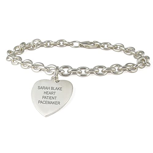 American Medical ID – Sterling Silver Heart Charm Embossed Medical ID Bracelet, for 5.5"- 8.5" wrist – 5 Lines of Custom Engraving3