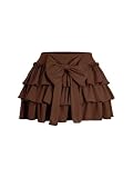 BEAUDRM Women's Bow Back Mini Skirt Elastic Low Waist Layered Ruffle Hem Short Cake Skirts Brown Large