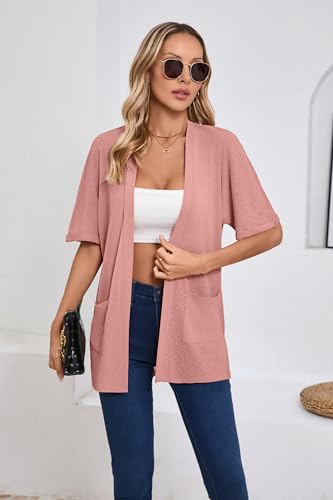 Image of Iandroiy Women's Lightweight Open Front Cardigans Casual Short Sleeve Blouse Tops