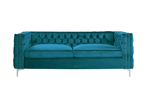 Iconic Home Da Vinci Modern Contemporary Velvet Button Tufted With Silver Nailhead Trim Silvertone Metal Leg Sofa, Teal #TOP2
