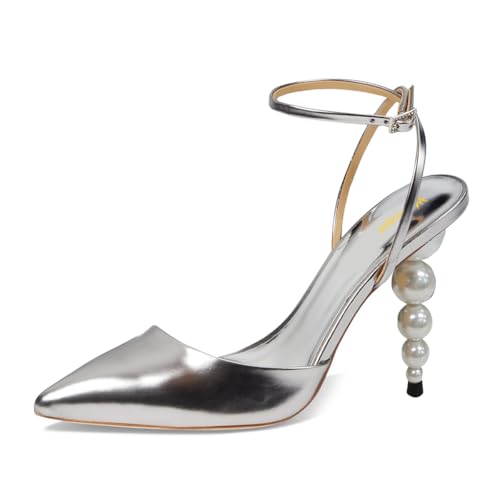 Women Pointed Closed Toe Ankle Strap Pumps Pearls High Heels Buckle Up Shoes for Ballroom Club Dress Size 4-16 US