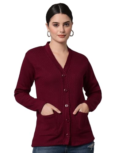 Image of eWools Women's winterwear Woolen V-Neck Solid Sweater Cardigans (Purple, Large)
