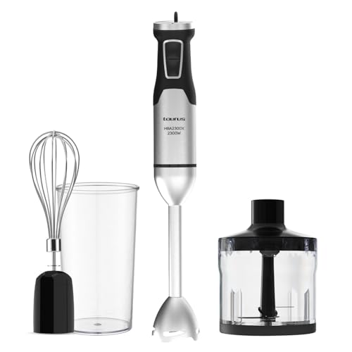 Taurus – Mixeur plongeant HBA2300X | 2300 W | 4 lames en acier inoxydable | Variateur de vitesse | Fonction Turbo | Design anti-éclaboussures | Accessoires : gobelet 1 L, hachoir et émulsionneur