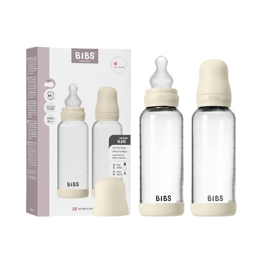 BIBS Baby Glass Bottle 2-Pack 240ml. Anti-Colic. Vented Round Silicone Nipple. Supports Natural Breastfeeding, Complete Set - 240 ml (Pack of 2), Ivory