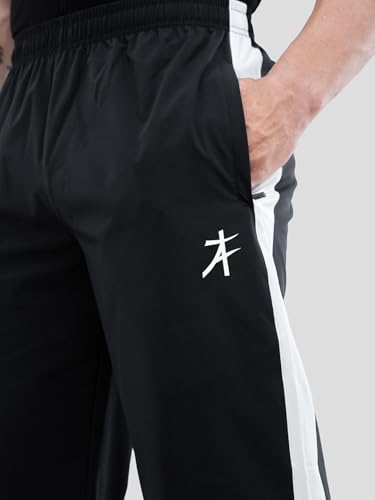 Image of Athflex Classic Stripe Pants for Men Straight Fit Lightweight Parachute Fabric Track Pants Men Athletic Bottom Wear Casual Street Style Lounge Pants Black