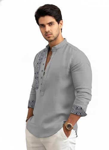 Image of Amazon Brand - INKAST Men's Cotton Blend Mandarin Collar Self One Design Full Sleeve Casual Short Kurta
