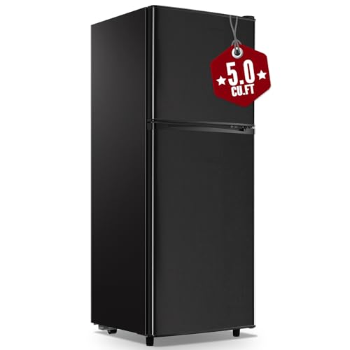 Image of WANAI Large Capacity Fridge with Freezer, 5.0 CU.FT Refrigerator with 2 Door & 7 Gear Mechanical Control & Side Bottle Rack, LED Light, Ideal for Dorm, Kitchen, Apartment, Office, Black