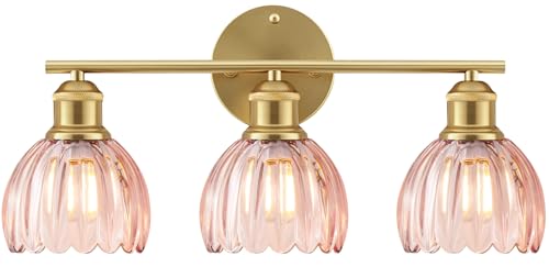Image of Bathroom Light Fixtures, 3-Light Brushed Gold Vanity Lights for Bathroom with Pink Tulip Glass Shade, 20 inch Vintage Bathroom Vanity Lighting Fixtures Over Mirror for Bedroom Living Room Hallway