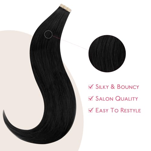 Image of Wennalife Tape in Hair Extensions Human Hair Jet Black Tape in Extensions, 10pcs 20g 10 inch Remy Invisible Tape Ins Straight Colored Soft Real Human Hair Tape in Extensions Refill Set Extensions