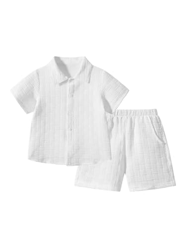 Image of Boys 6 Pieces Summer Beach Outfits Short Sleeve Button Down Shirts and Shorts Vacation Texture Sets for Kids