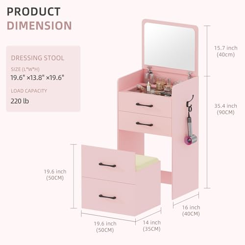 Gurexl 3 in 1 Vanity Desk with Flip Top Mirror for Bedroom,Small Compact Vanity with Visible Glass Desktop for Cloakroom,Makeup Vanity Set with 3 Drawers,Cushioned Stool,Pink