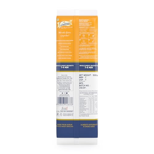 Image of Gustora Whole Wheat Spaghetti Pasta, 1kg (Pack of 6 x 500g) | Authentic, Long Italian Pasta with Al Dente Texture | 100% Durum Whole Wheat Semolina | Zero Maida | High Fibre | Vegetarian