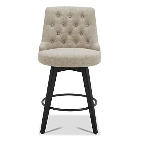 Image of Watson & Whitely Counter Height Bar Stools Swivel Barstools, Fabric Tan | Set of 3, Upholstered Modern Barstool with Back, Solid Wood Legs, 26 inch H Seat