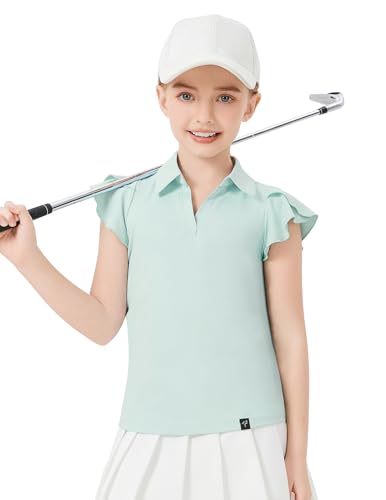 Soneven Girls Sleeveless Golf Polo Shirts V Neck Ruffle Sleeve Tennis Shirts Pickleball Golf Tank Tops for Age 4-16 Years