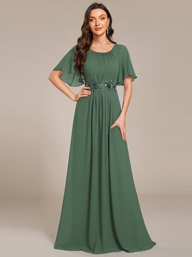 Image of Ever-Pretty Women's Classic Round Neck Pleated Short Sleeves Chiffon Appliques Floor Length A Line Formal Evening Dresses