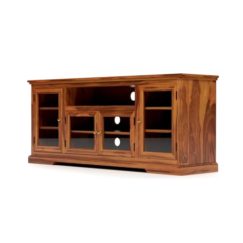 Image of Sheesham Solid Wood TV Cabinet for Living Room | Handcrafted Wooden TV Unit with Storage | Elegant Entertainment Stand for Modern Homes (Glass Tv Cabinet, Honey)