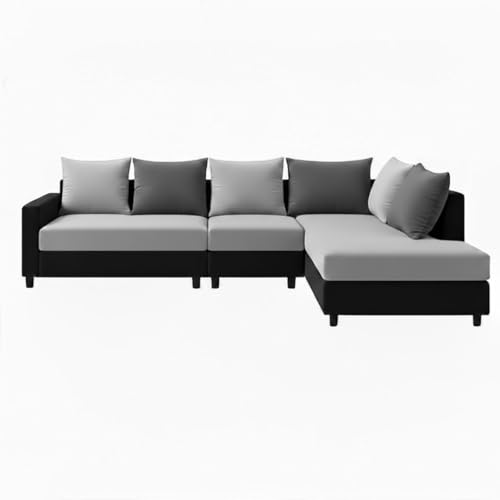 Image of FURNY Glory 6 Seater RHS Fabric Sofa Set (Black-Light Grey-Dark Grey) with Velvet Finish | Durable Comfort | Ideal for Living Room | Breathable material
