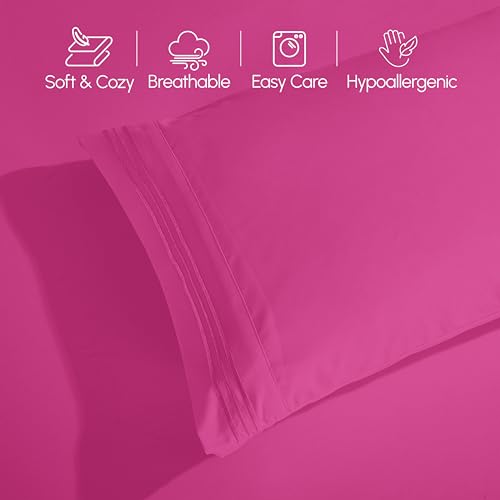 Image of Elegant Comfort Luxurious 1500 Premium Hotel Quality Microfiber Three Line Embroidered Softest 4-Piece Bed Sheet Set, Wrinkle and Fade Resistant, Full, Hot Pink
