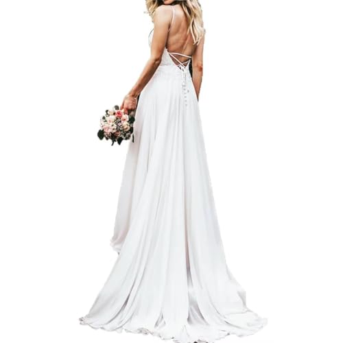 Dexinyuan Simple Beach Wedding Dresses for Bride 2025 Chiffon Lace A Line Backless Bohemian Bridal Gowns for Women