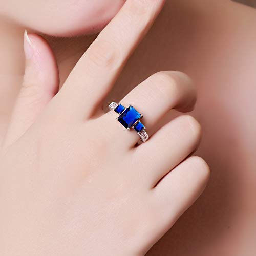 925 Sterling Silver Plated Emerald Cut Simulated Blue Sapphire Quatrz 3 Stone Promise Engagement Ring for Women2