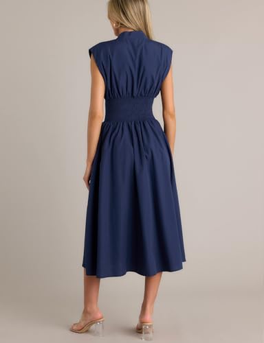 Image of FANCYINN Summer Casual Womens Maxi Dress Sleeveless V Neck Waist Aline Front Zipper High Slit Flowy Long Dress Pockets