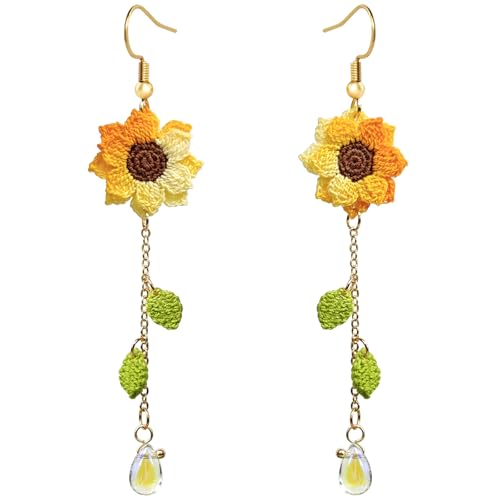 Crochet Sunflower Flower Dangle Earrings for Women Handmade Crochet Flowers Cute Blossom Fairy Dainty Refreshing Floral Long Dangling Earrings for Women Trendy-Summer Boho Beach Jewelry