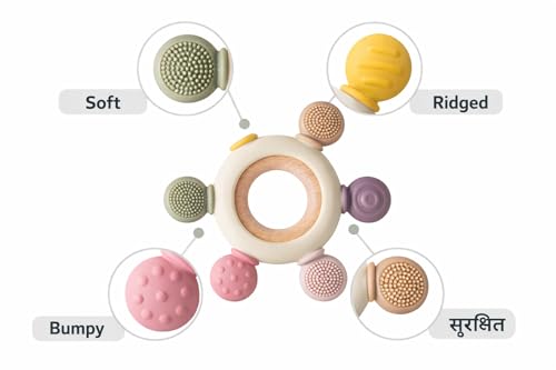 Image of ToyTastic Baby Teething Toy Ring with Multi-Texture Silicone & Wooden Grip | BPA Free Teether for Infants | Sensory Chew Toy for Gum Relief & Motor Skill Development
