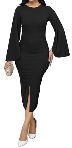 Women Church Dresses Bodycon Work Dress Bell Long Sleeve Round Neck Business Pencil Dresses3