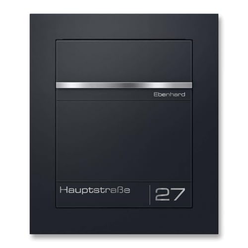 Metzler Unterputz Briefkasten Anthrazit RAL 7016 – Einbaubriefkasten aus pulverbeschichtetem Stahl mit Lasergravur auf Edelstahl-Namensschild, flächenbündig, wetterfest, für DIN-A4-Umschläge