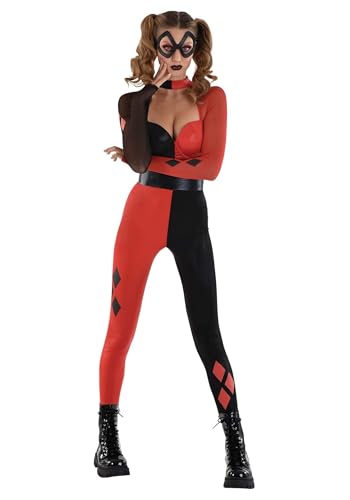 Women's DC Harley Quinn Costume | Superhero Villain Jumpsuit with Belt and Eyemask for Halloween, Themed Parties Large