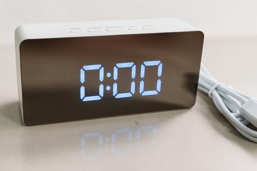 Image of Mirror LED Digital Alarm Clock | Smart Display with Temperature, Night Light & Snooze | USB Powered Table Clock for Bedroom, Office & Travel | Adjustable Brightness | White Body