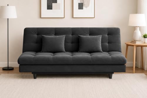 Image of Velvet Fabric Wooden 3-Seater Apsen Sofa Bed with Tufted Couch with Adjustable Backrest- Living Room Furniture-Black-Color