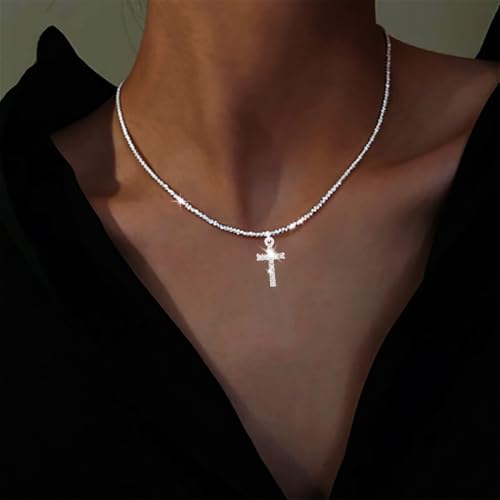 Yalice 925 Sterling Silver Sparkly Necklace Layered Dainty Chain Necklace Silver Cross Pendant Paperclip Necklaces Waterproof Minimalist Jewelry Gifts3