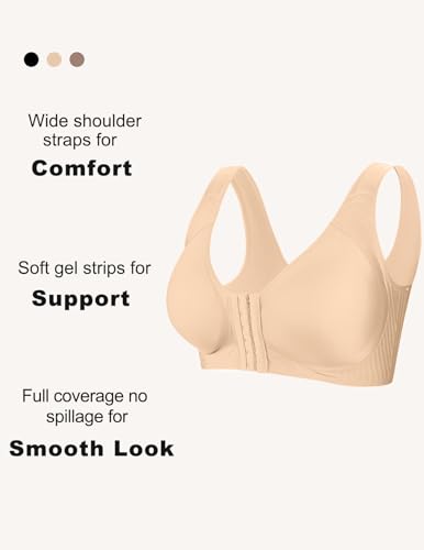 Image of Seamless Front Closure Bras for Women No Underwire Back Support Bra Full Coverage(Beige,XX-Large)