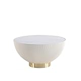 Manhattan Comfort Anderson Modern 28.15' Round Coffee Table 2.0 - Ceramic Marble Tabletop, Elegant Pleated Leatherette Details & Gold Base, Fully Assembled Accent Furniture, Set of 1, Cream