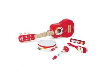 Coffret Instrument Musique 5 en 1 : 1 Tambourin à cymbales, 1 Guitare, 1 Harmonica, 1 Trompette et 1 Clap-Clap - Set Jouet Enfant + Carte