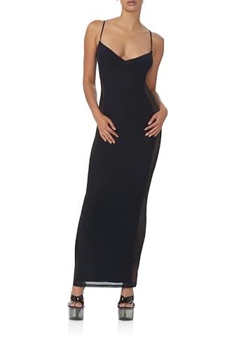 Women's Alyson Sleeveless Illusion Mesh Maxi Bodycon Dress with Adjustable Spaghetti Straps