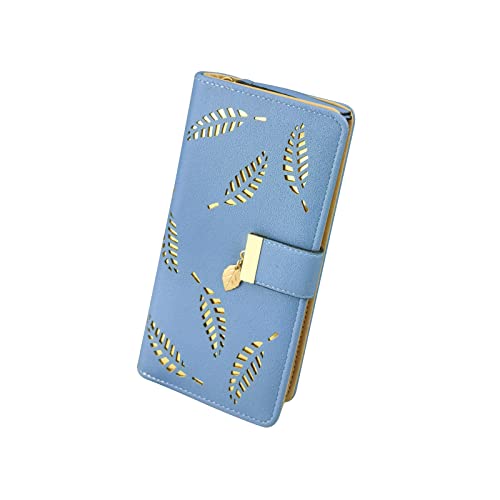 FuninCrea Monedero Mujer con Hoja Hueca, Cartera Larga de Cuero PU para Mujer con Múltiples Ranuras para Tarjetas, Doble Cartera Plegable, Monedero con Cierre, azul, small, Minimalista
