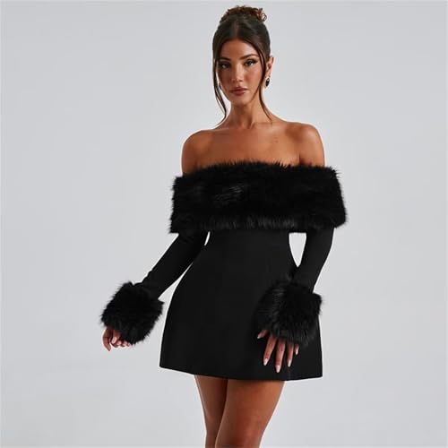 Wirunsy Women\'s Off Shoulder Long Sleeves Wedding Dress for Bride Satin Knee Length Prom Bridal Shower Dress Faux Fur Mini Gowns White 0 - Thumbnail 6