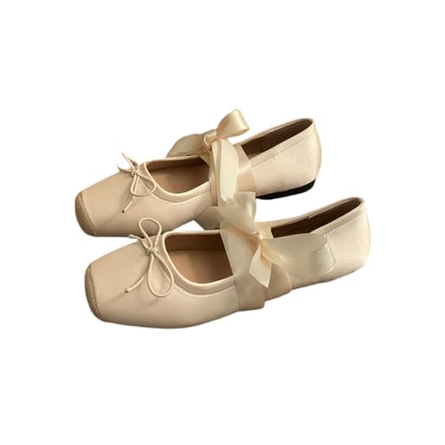 Women Ballet Flats Lace Up Ankle Strap Ballerina Flat Cute Bow Flower Square Toe Casual Comfort Ladies Dress Shoes