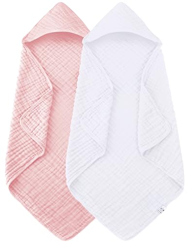 Image of Spotted Play 2 Pack Hooded Baby Towels - 100% Muslin Cotton for Newborns, Infants, Toddlers - Large 32x32Inch Size - Highly Absorbent and Essential for Newborn Care, White and Pink