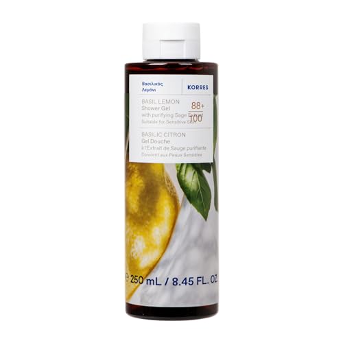 KORRES BASIL LEMON Gel de ducha con extracto de salvia purificante, albahaca fresca y notas cítricas chispeantes, testado dermatológicamente, vegano, sin siliconas ni parabenos, 250 ml