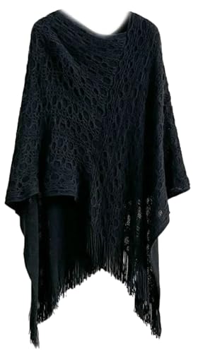 Batwing Sleeve Pullover Shawl Wrap V-Neck Knitted Cape with Fringe Open Front Cover Up for Women Trendy 2025