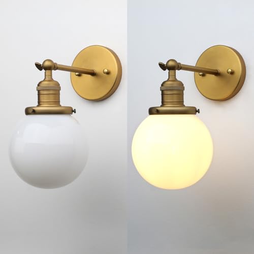 Image of Phansthy 1-Light Wall Sconce, Brass Boho Bathroom Vanity Light, Modern Wall Light with Globe Glass Shade E26 Base, Adjustable Wall Lighting Fixtures for Bedroom, Living Room (Antique, White Shade)
