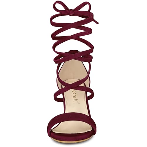Allegra K Allegra K Women's Faux Velvet Lace Up Chunky Burgundy Heel Strappy Sandals 6.5 M US