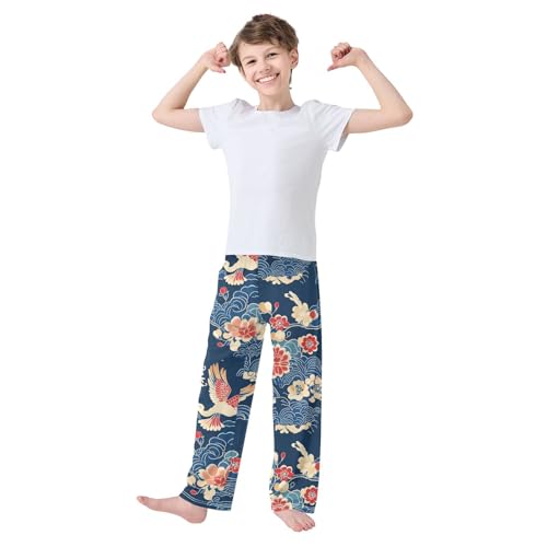 Chinese Bird Cloud Boys Long Pants Soft Trousers Elastic Waist Kids Lounge Bottoms with Pockets S-XL2